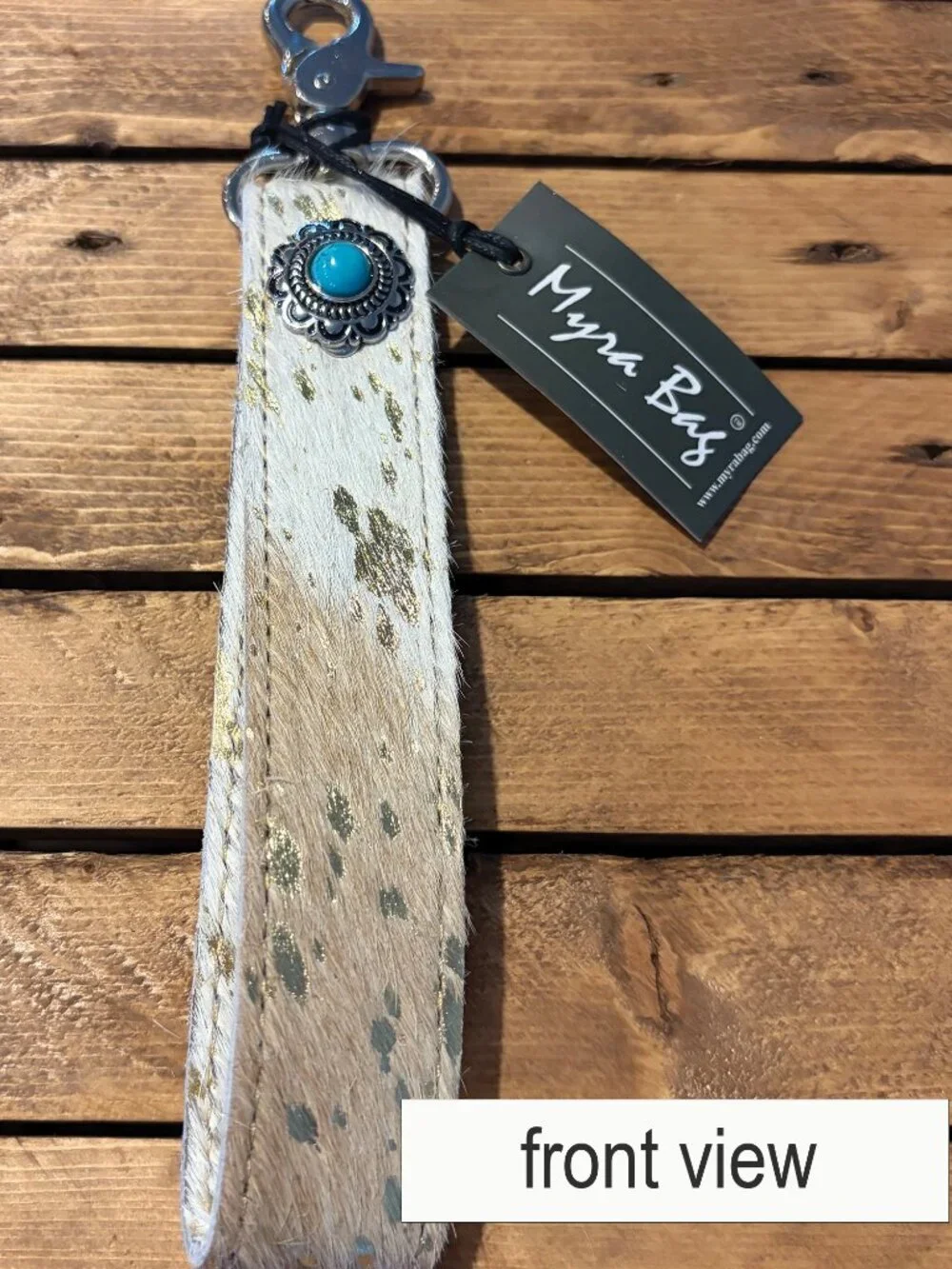 Myra Gold Foil Cowhide Key Fob, Turquoise Concho Wristlet Keychain